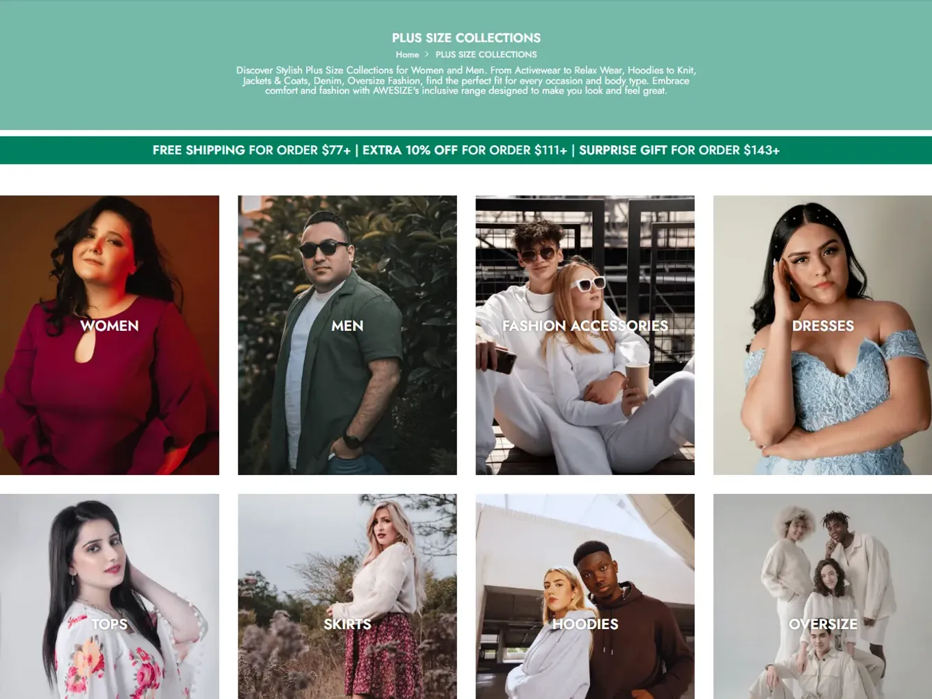 An AWESIZE collection page: a grid of plus-size clothing for men and women with prices and ratings
