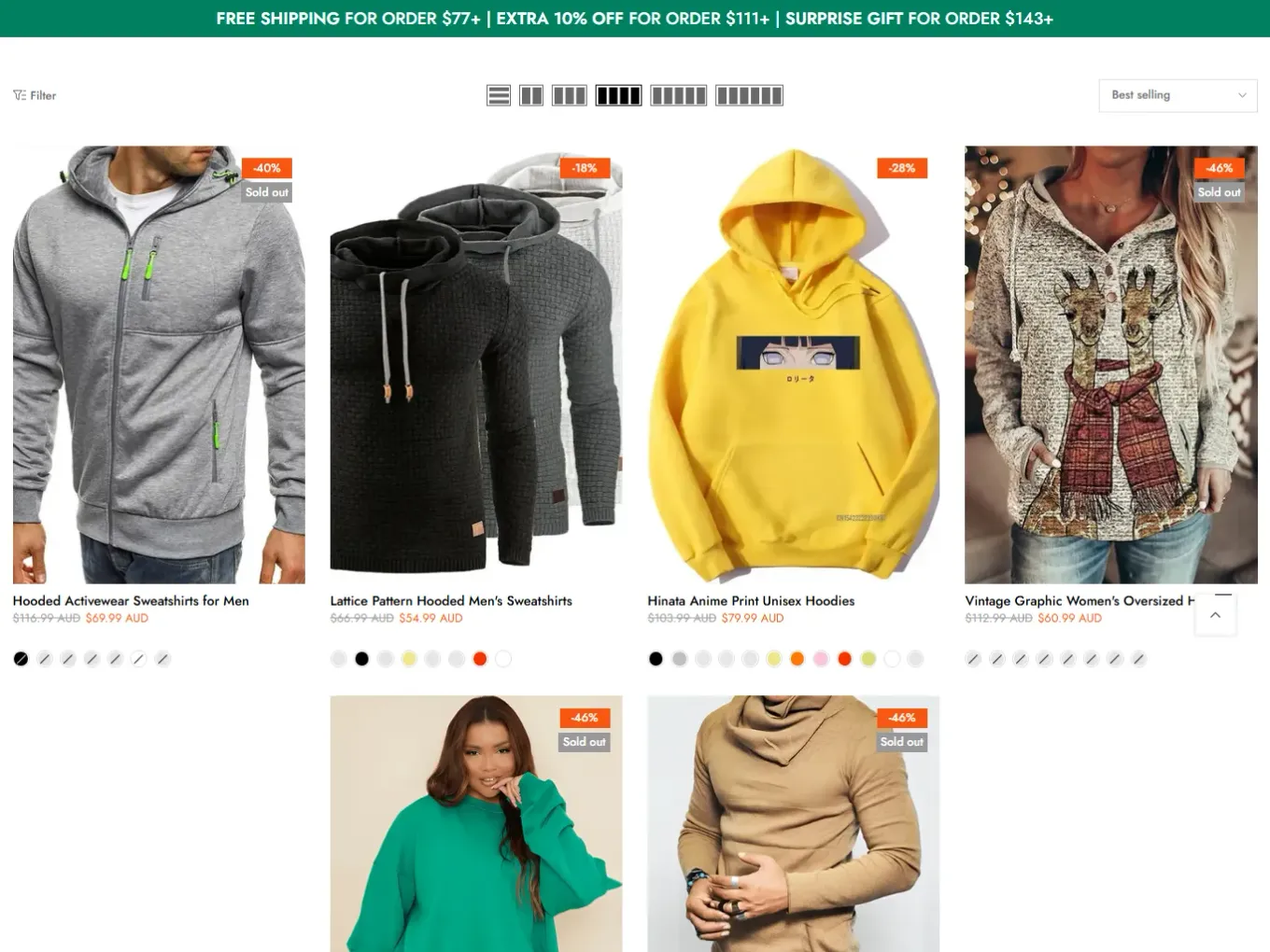 The AWESIZE hoodies collection page, plus-size hoodies with options ready to add to cart