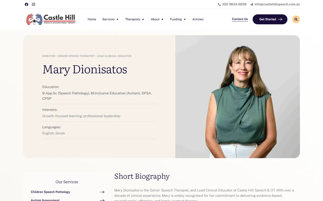 A therapist profile page on the Castle Hill Speech & OT site