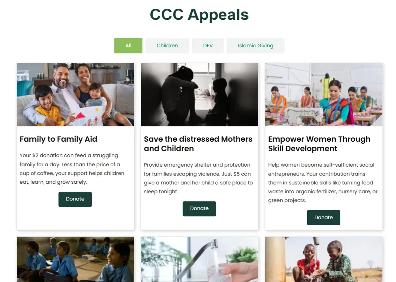CCC Appeals page: a filterable grid of donation appeals, each with its own story and Donate button