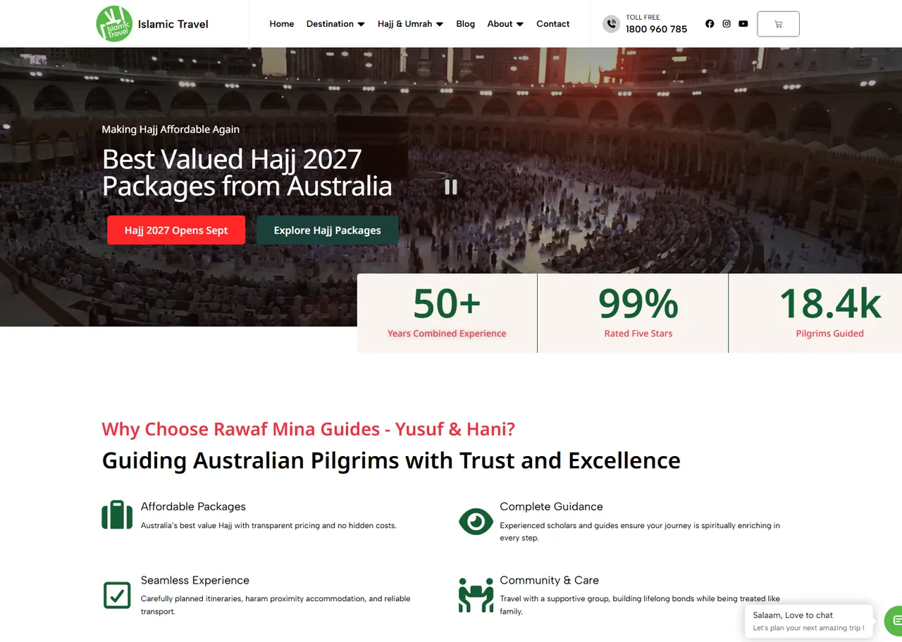 Islamic Travel Hajj 2027 packages page, with combined-experience stats and clear package options ready to book