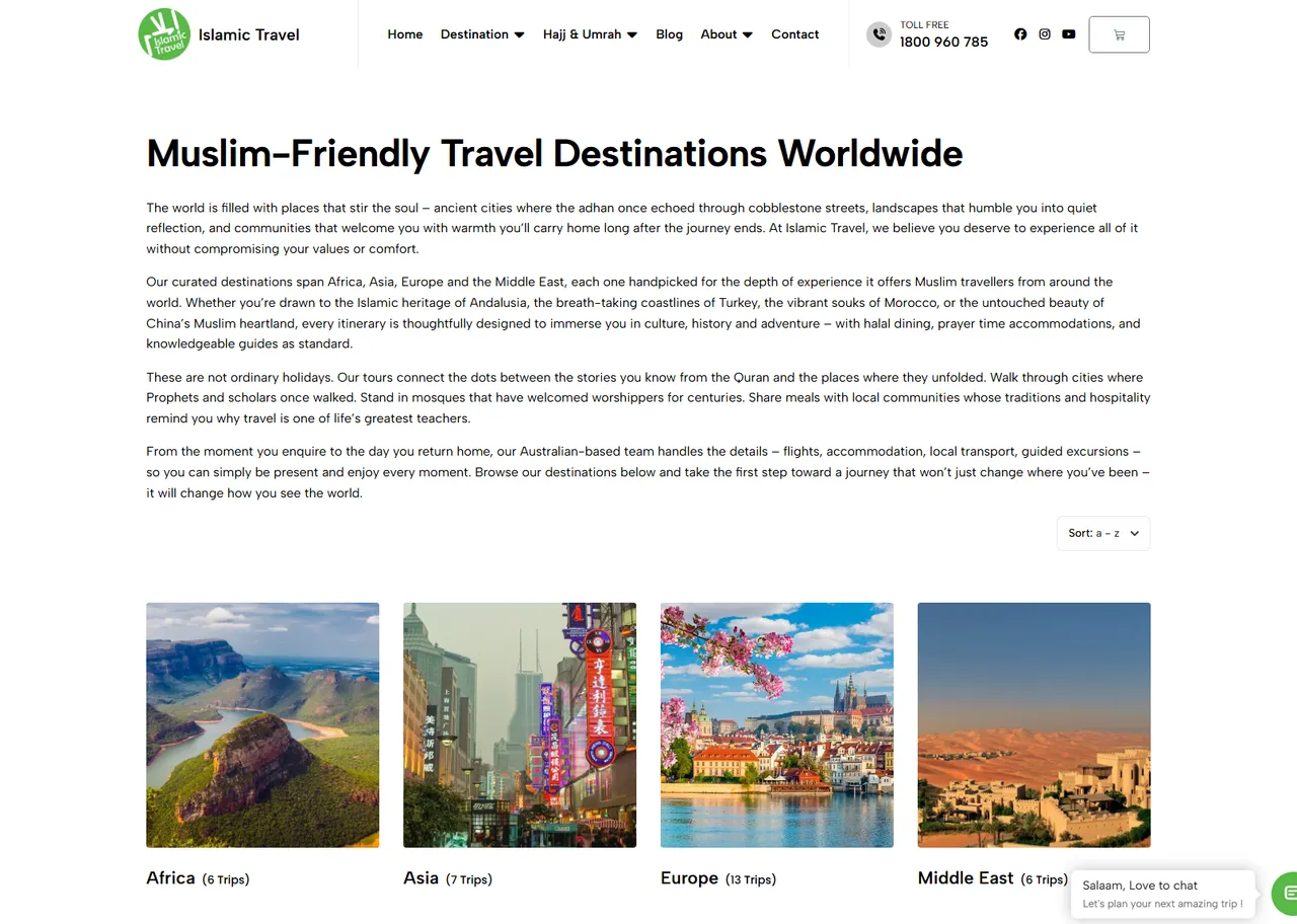 Islamic Travel destinations page: Muslim-friendly travel across Africa, Asia, Europe and the Middle East, each with bookable trips