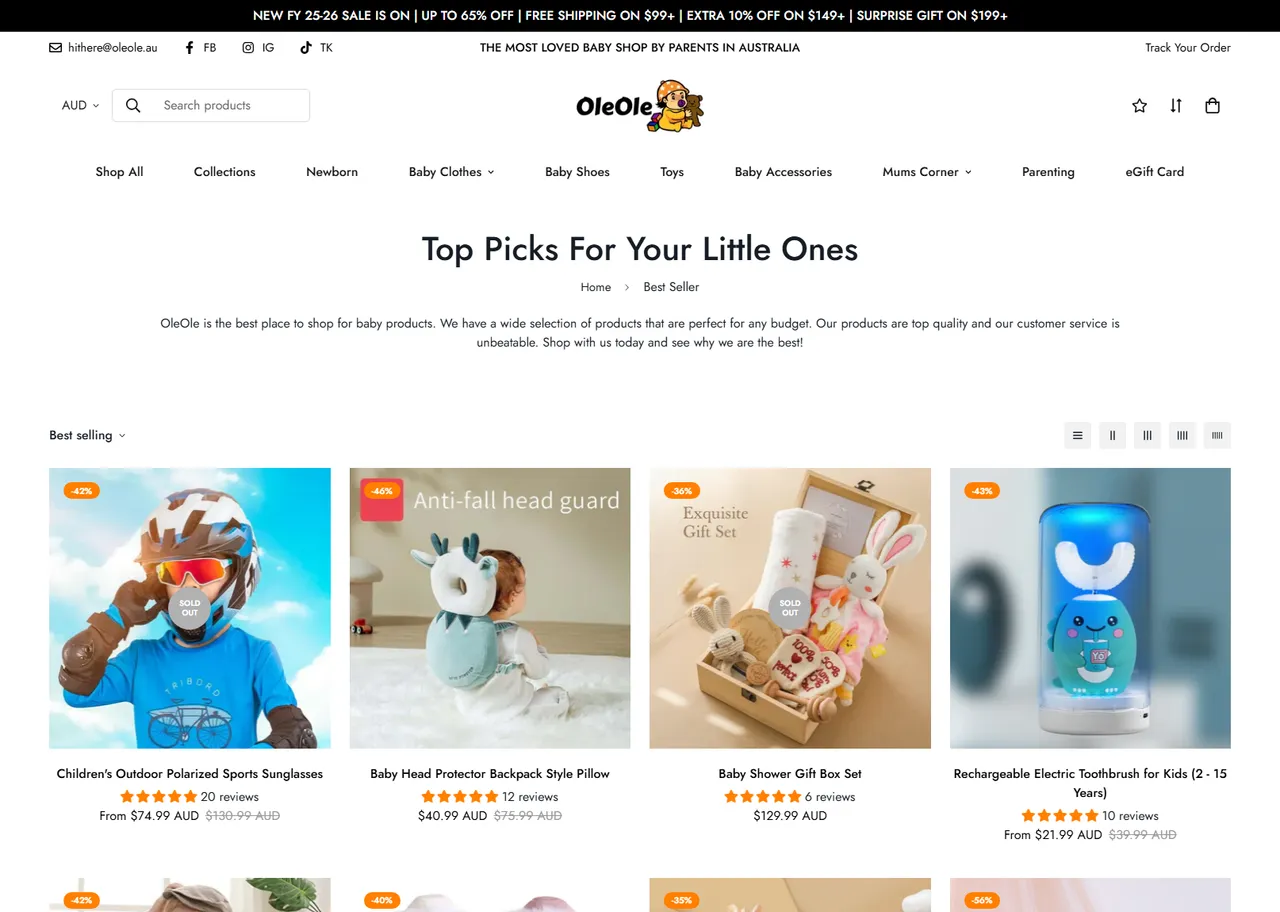 OleOle best-seller collection: a grid of baby products with ratings and prices