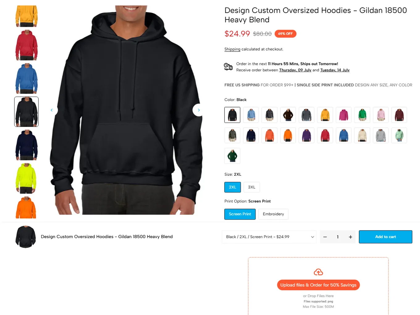 A TxTPrint product page with the on-site design app: customers customise an oversized hoodie and order instantly