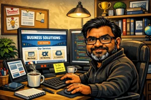 Blog 2 A caricature of custom website developer at 61WEB featuring a website in a office setup